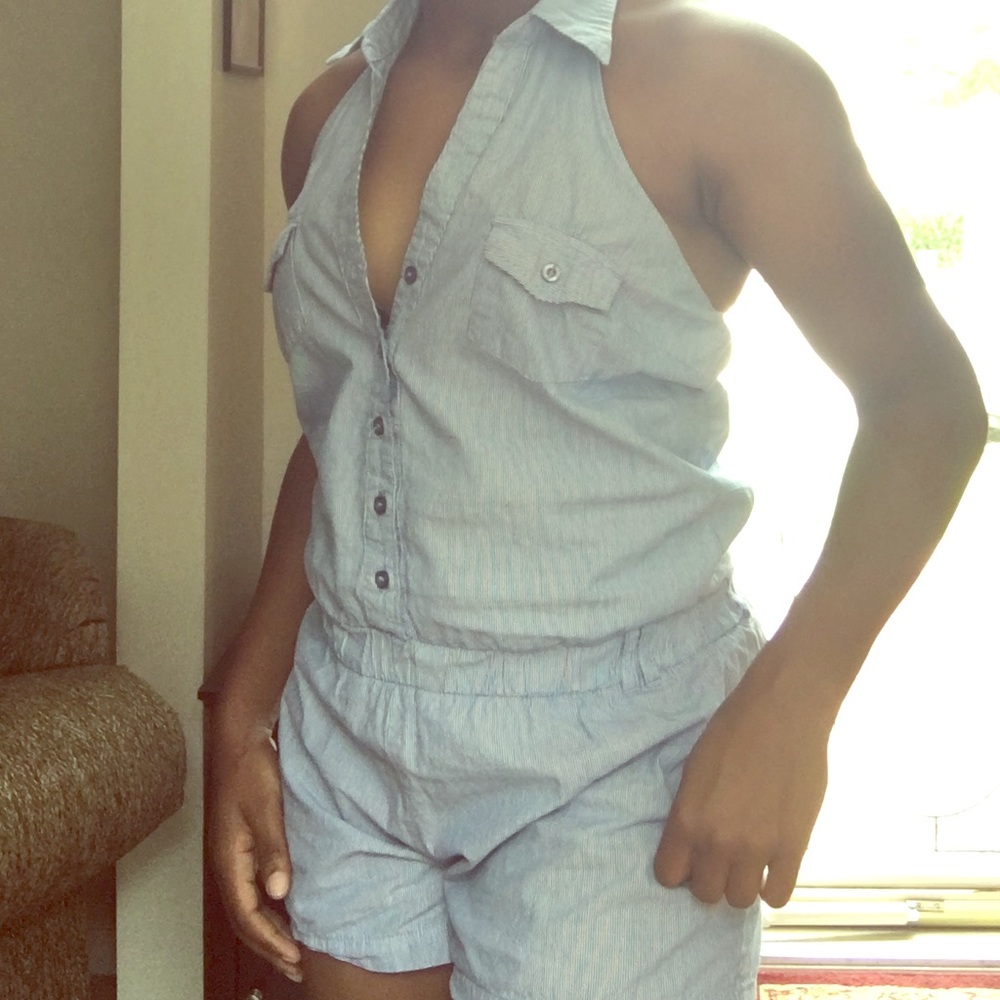 sleeveless striped v-neck button-up romper shorts